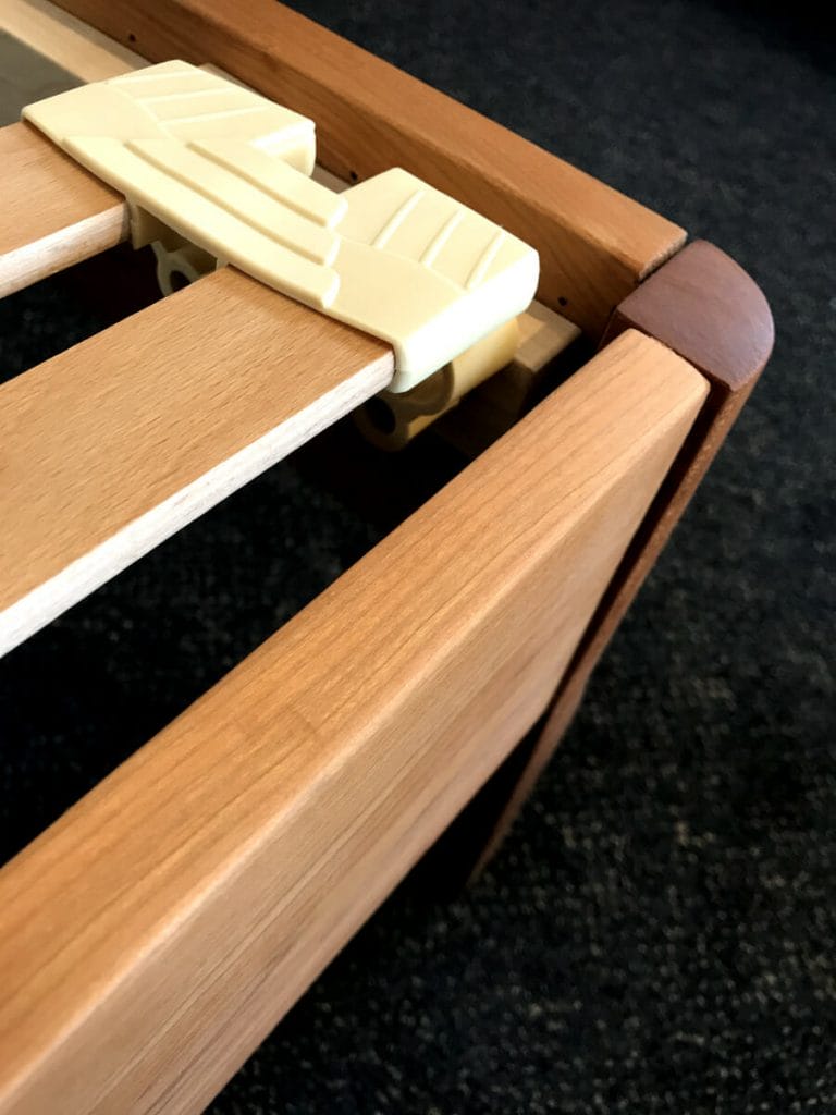 CherryOilEuro2 Cherry Bed Frame with european slat system used to support a natural latex mattress