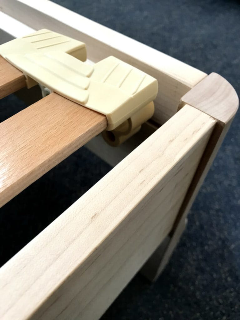 MapleUnfinEuro Maple Hardwood Bed Frame with european slat system used to support a natural latex mattress